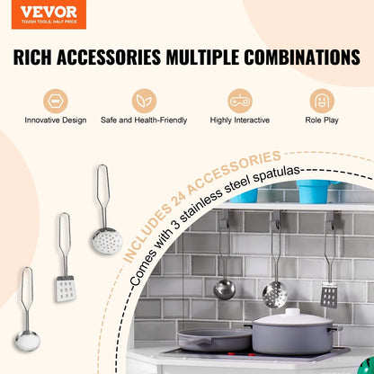 VEVOR Kitchen Playset Kids Pretend Cooking Play Toy 24 Piece Accessories White - Mekamart Australia