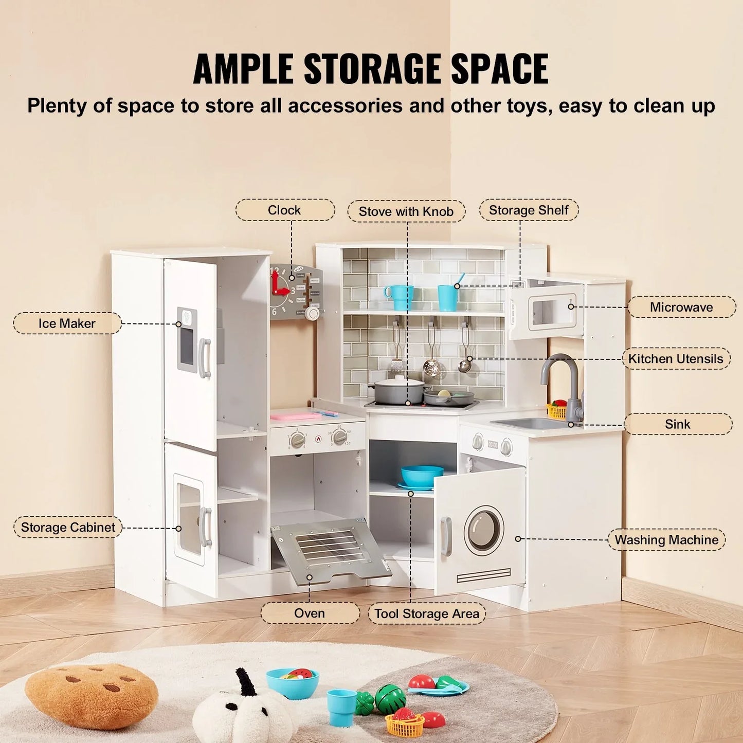 VEVOR Kitchen Playset Kids Pretend Cooking Play Toy 24 Piece Accessories White - Mekamart Australia