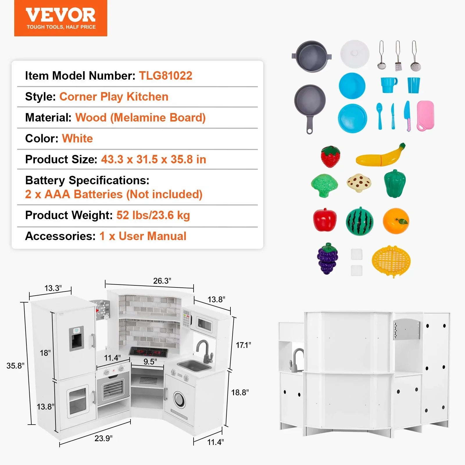 VEVOR Kitchen Playset Kids Pretend Cooking Play Toy 24 Piece Accessories White - Mekamart Australia