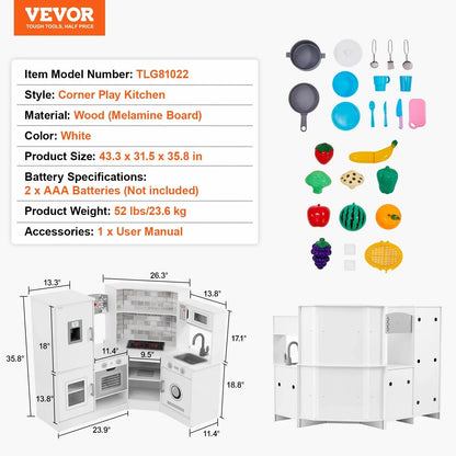 VEVOR Kitchen Playset Kids Pretend Cooking Play Toy 24 Piece Accessories White - Mekamart Australia