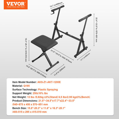 Piano Keyboard Stand and Bench Set, Z Style, Heavy-Duty Digital Piano Music Stand and Seat, 250 lbs Capacity with Adjustable Piano Bench Width Height Wheels, Fits for 54-88 Key Electric Pianos