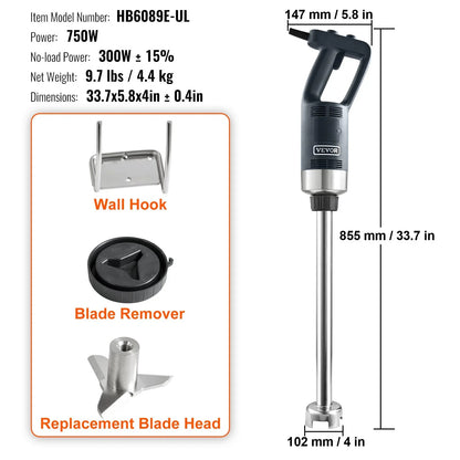 VEVOR Commercial Immersion Blender Heavy Duty Hand Mixer 750W Variable Speed - Mekamart Australia