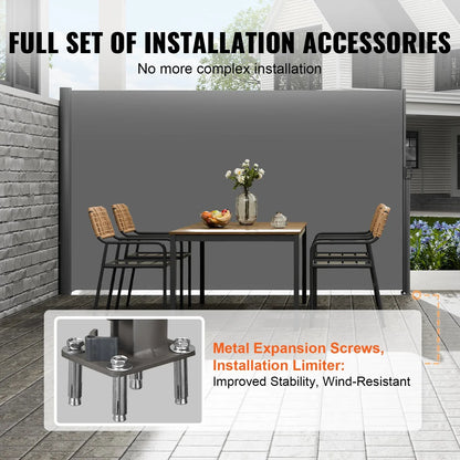 VEVOR Retractable Side Awning, 160X300m Aluminum Outdoor Privacy Screen, 280g Polyester Water-proof Retractable Patio Screen, UV 30+ Room Divider Wind Screen for Patio, Backyard, Balcony, Gray - Mekamart Australia