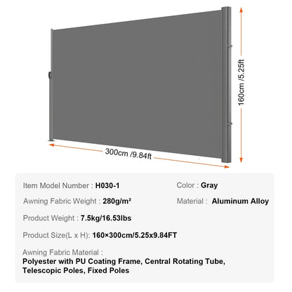 VEVOR Retractable Side Awning, 160X300m Aluminum Outdoor Privacy Screen, 280g Polyester Water-proof Retractable Patio Screen, UV 30+ Room Divider Wind Screen for Patio, Backyard, Balcony, Gray - Mekamart Australia