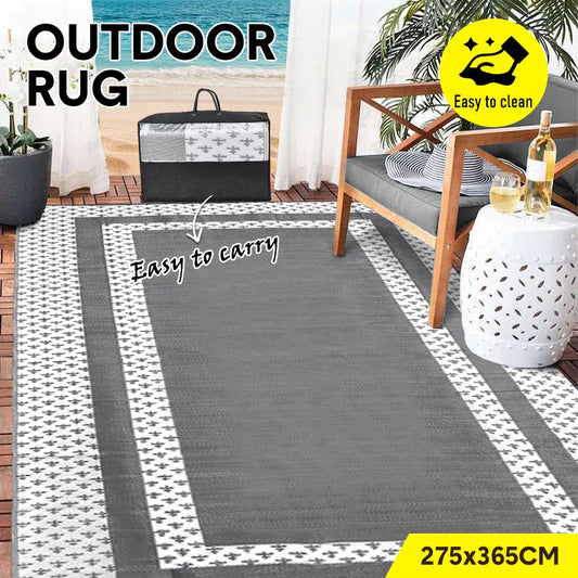 Large Outdoor Rug 275x365cm Weatherproof Plastic Weave Mat Washable Outside Solid Carpet Easy Care for Patio Deck Backyard Garden RV Camping Silver Grey