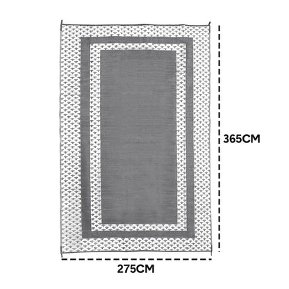 Large Outdoor Rug 275x365cm Weatherproof Plastic Weave Mat Washable Outside Solid Carpet Easy Care for Patio Deck Backyard Garden RV Camping Silver Grey