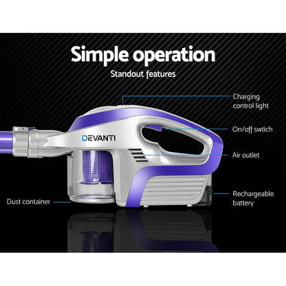 Devanti Stick Vacuum Cleaner Bagless Cordless 150W Purple - Mekamart Australia