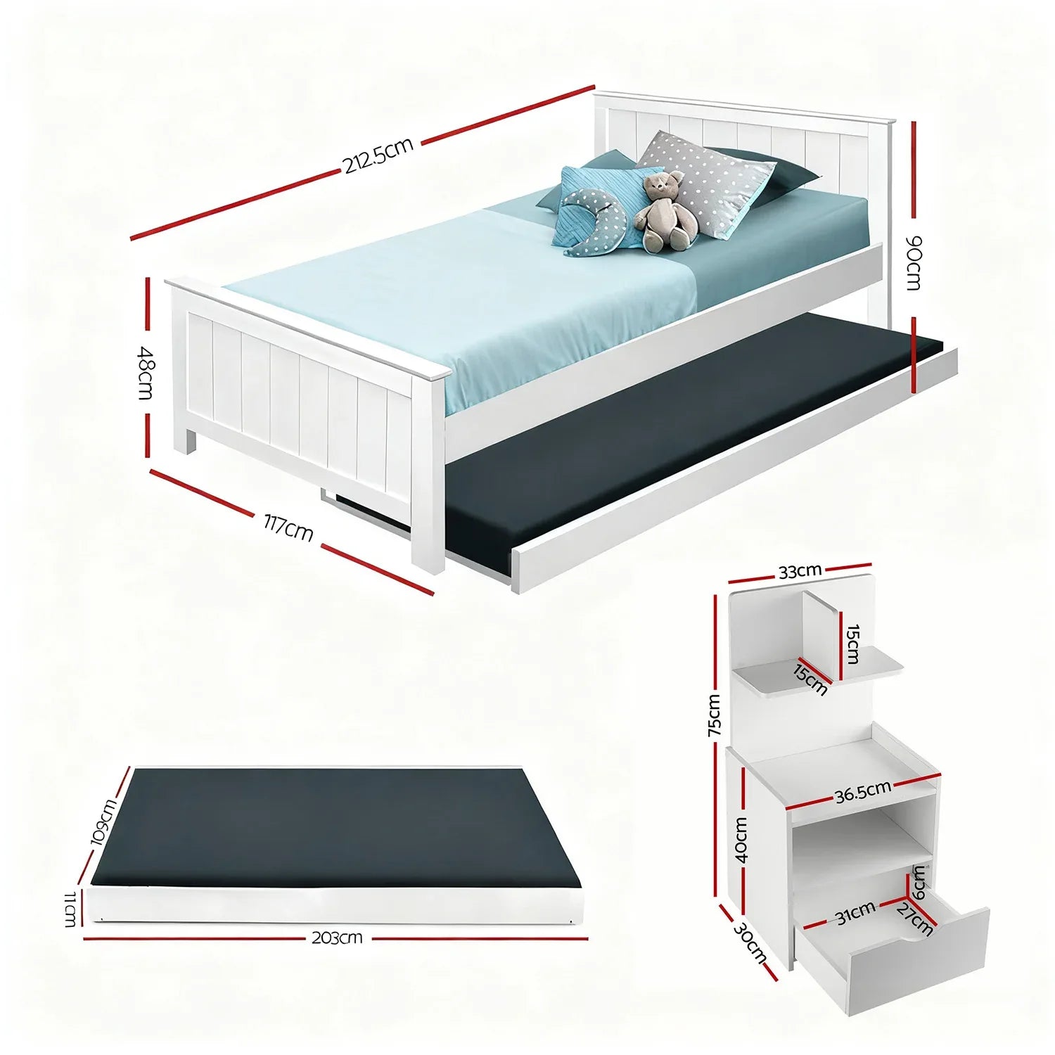 Artiss King Single Bed Frame and Bedside Table White - Mekamart Australia