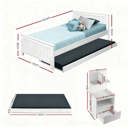 Artiss King Single Bed Frame and Bedside Table White - Mekamart Australia