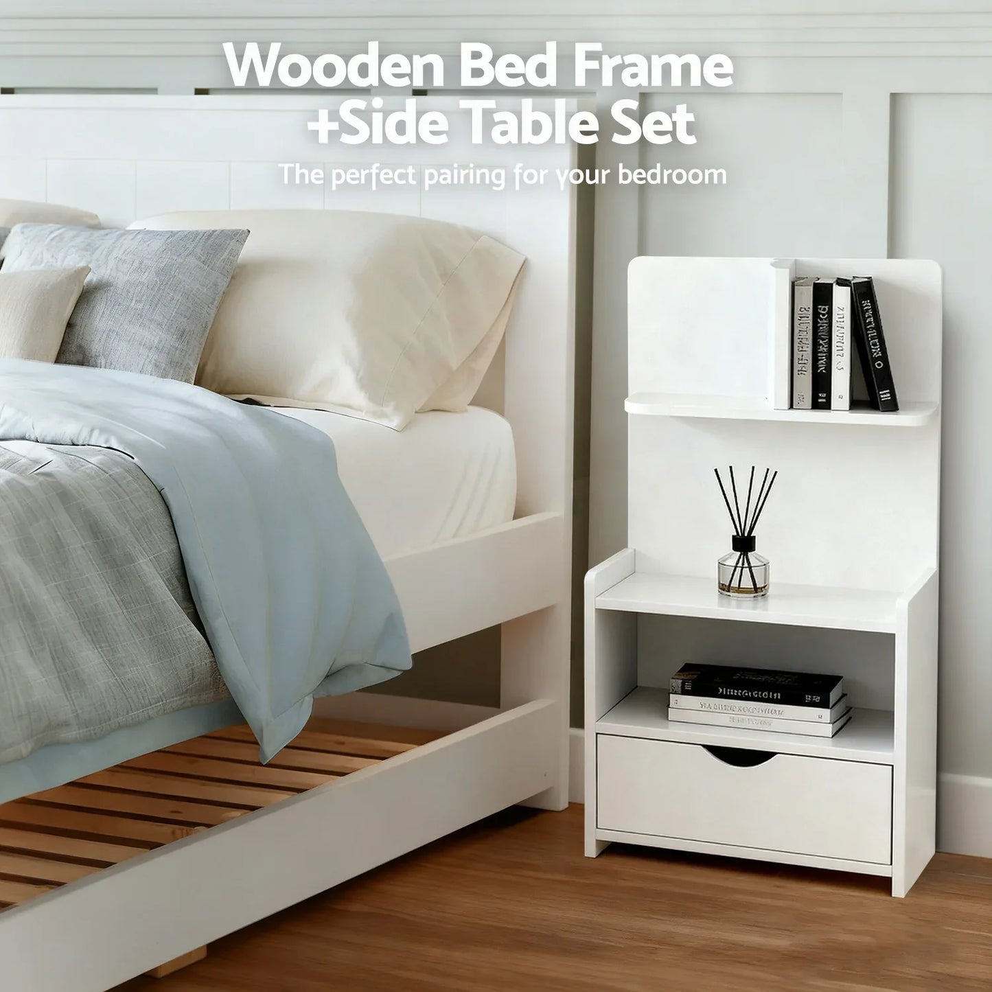 Artiss King Single Bed Frame and Bedside Table White - Mekamart Australia