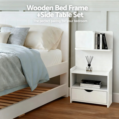 Artiss King Single Bed Frame and Bedside Table White - Mekamart Australia