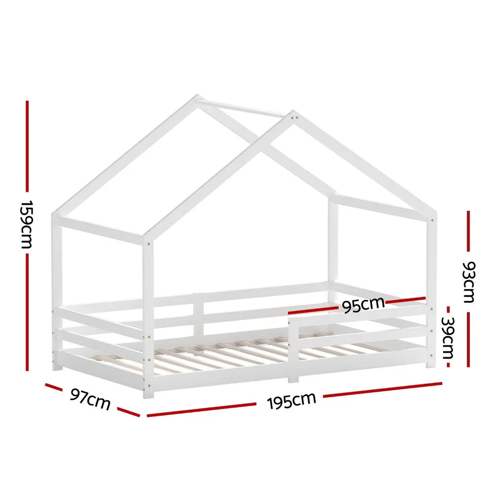 Artiss Bed Frame Wooden Kids Single House Frame White AMOS - Mekamart Australia