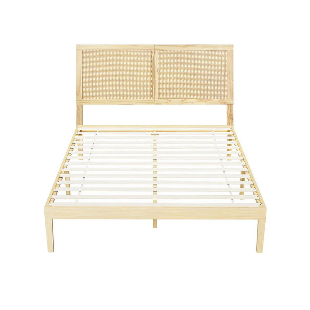 Artiss Bed Frame Double Size with Rattan Headboard Wooden Bed Base BRUNO - Mekamart Australia