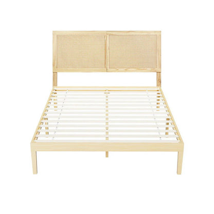 Artiss Bed Frame Double Size with Rattan Headboard Wooden Bed Base BRUNO - Mekamart Australia