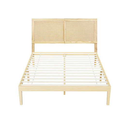 Artiss Bed Frame Double Size with Rattan Headboard Wooden Bed Base BRUNO - Mekamart Australia