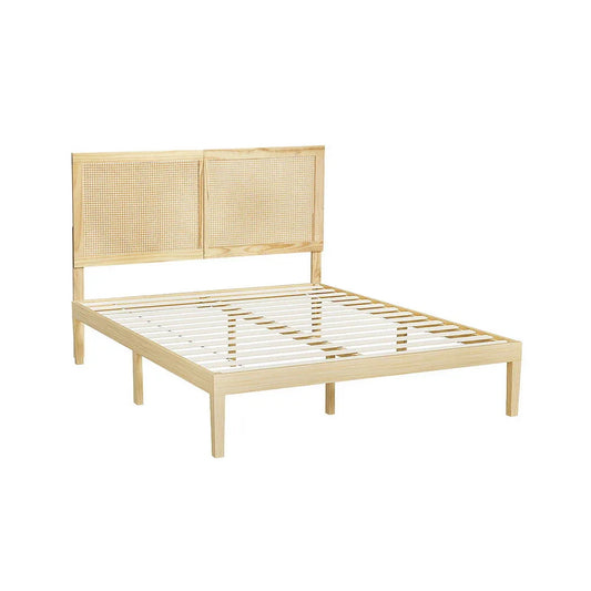 Artiss Bed Frame Double Size with Rattan Headboard Wooden Bed Base BRUNO - Mekamart Australia
