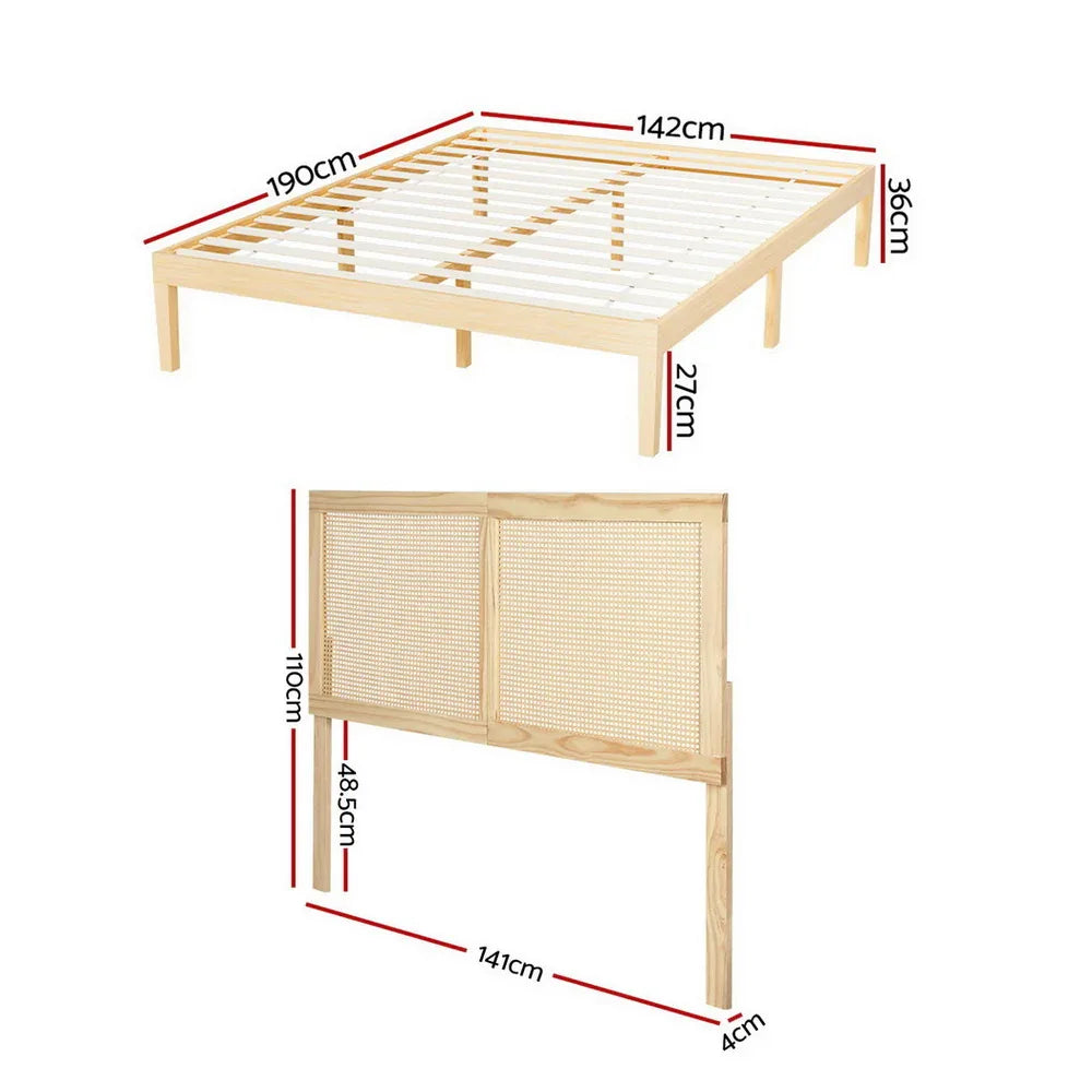 Artiss Bed Frame Double Size with Rattan Headboard Wooden Bed Base BRUNO - Mekamart Australia