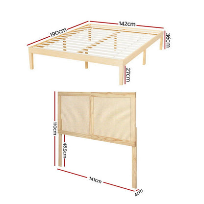 Artiss Bed Frame Double Size with Rattan Headboard Wooden Bed Base BRUNO - Mekamart Australia