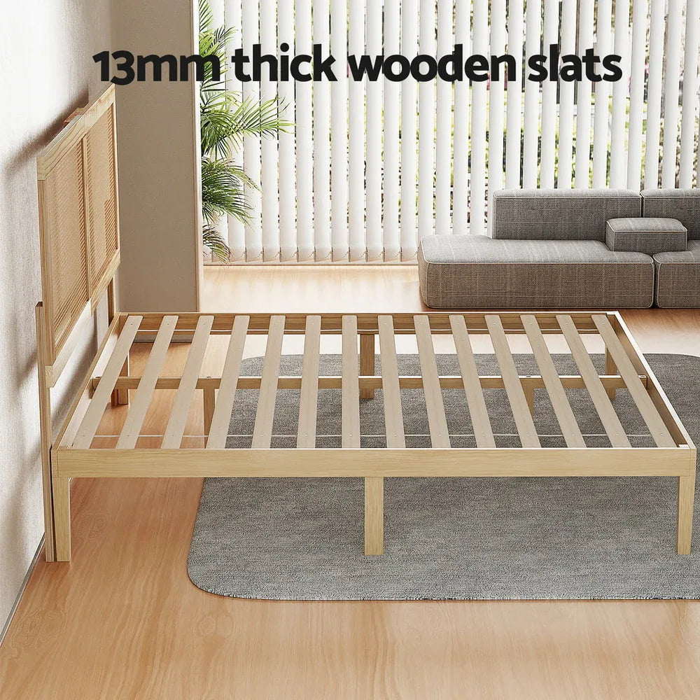 Artiss Bed Frame Double Size with Rattan Headboard Wooden Bed Base BRUNO - Mekamart Australia