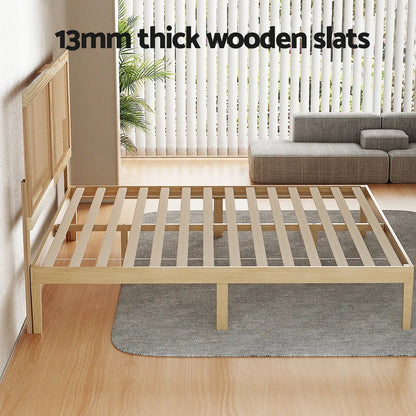 Artiss Bed Frame Double Size with Rattan Headboard Wooden Bed Base BRUNO - Mekamart Australia