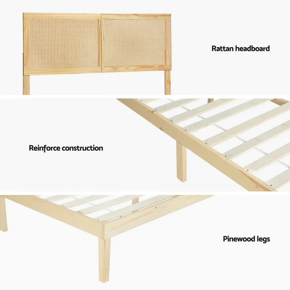 Artiss Bed Frame Double Size with Rattan Headboard Wooden Bed Base BRUNO - Mekamart Australia