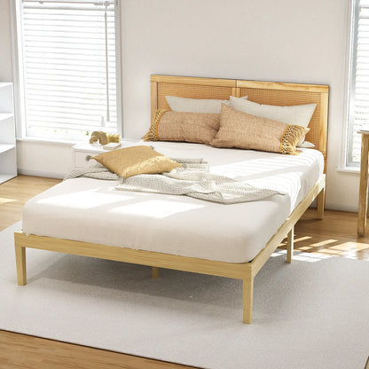 Artiss Bed Frame Double Size with Rattan Headboard Wooden Bed Base BRUNO - Mekamart Australia
