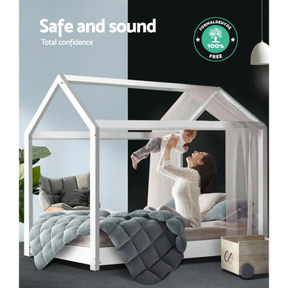 Artiss Bed Frame Wooden Kids House Frame White CASA - Mekamart Australia