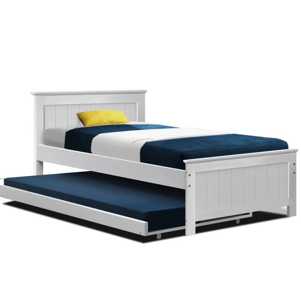 Artiss Bed Frame King Single Size Wooden Trundle Daybed White ELVIS - Mekamart Australia