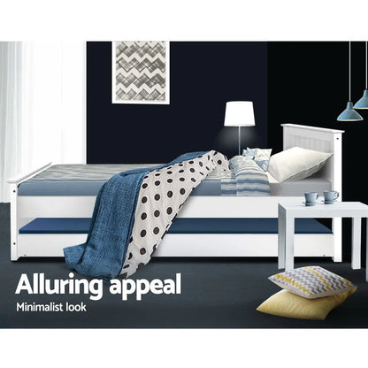 Artiss Bed Frame King Single Size Wooden Trundle Daybed White ELVIS - Mekamart Australia