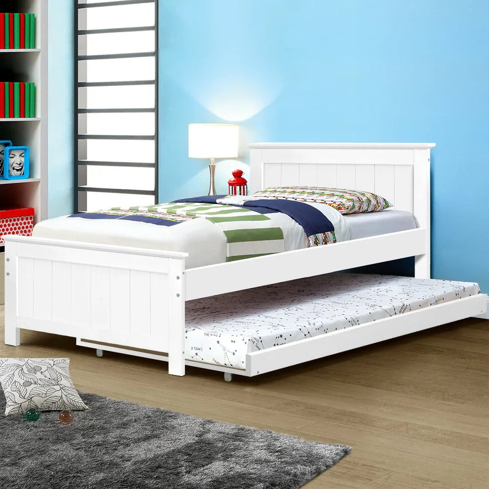 Artiss Bed Frame King Single Size Wooden Trundle Daybed White ELVIS - Mekamart Australia