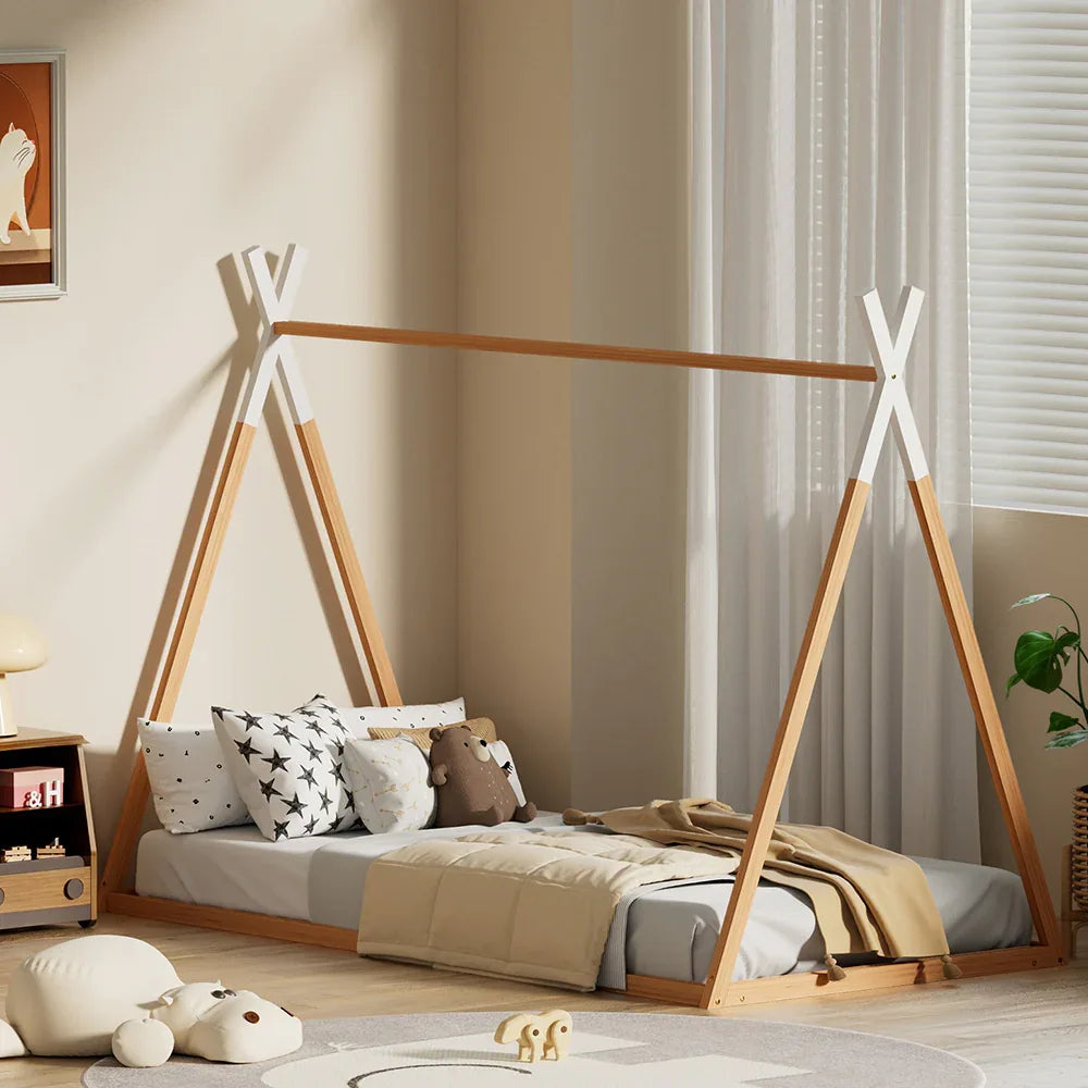 Artiss Bed Frame Wooden Kids House Single Frame Oak ENID - Mekamart Australia
