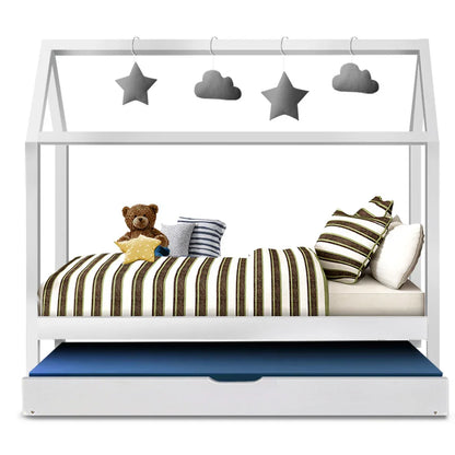 Artiss Bed Frame Wooden Trundle Daybed Kids House Frame White HOLY - Mekamart Australia