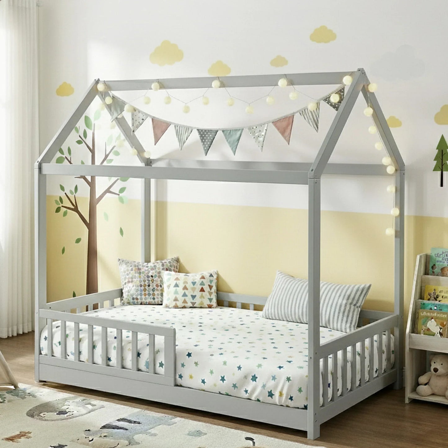 Artiss Bed Frame Wooden Kids House Frame Grey ROCK - Mekamart Australia
