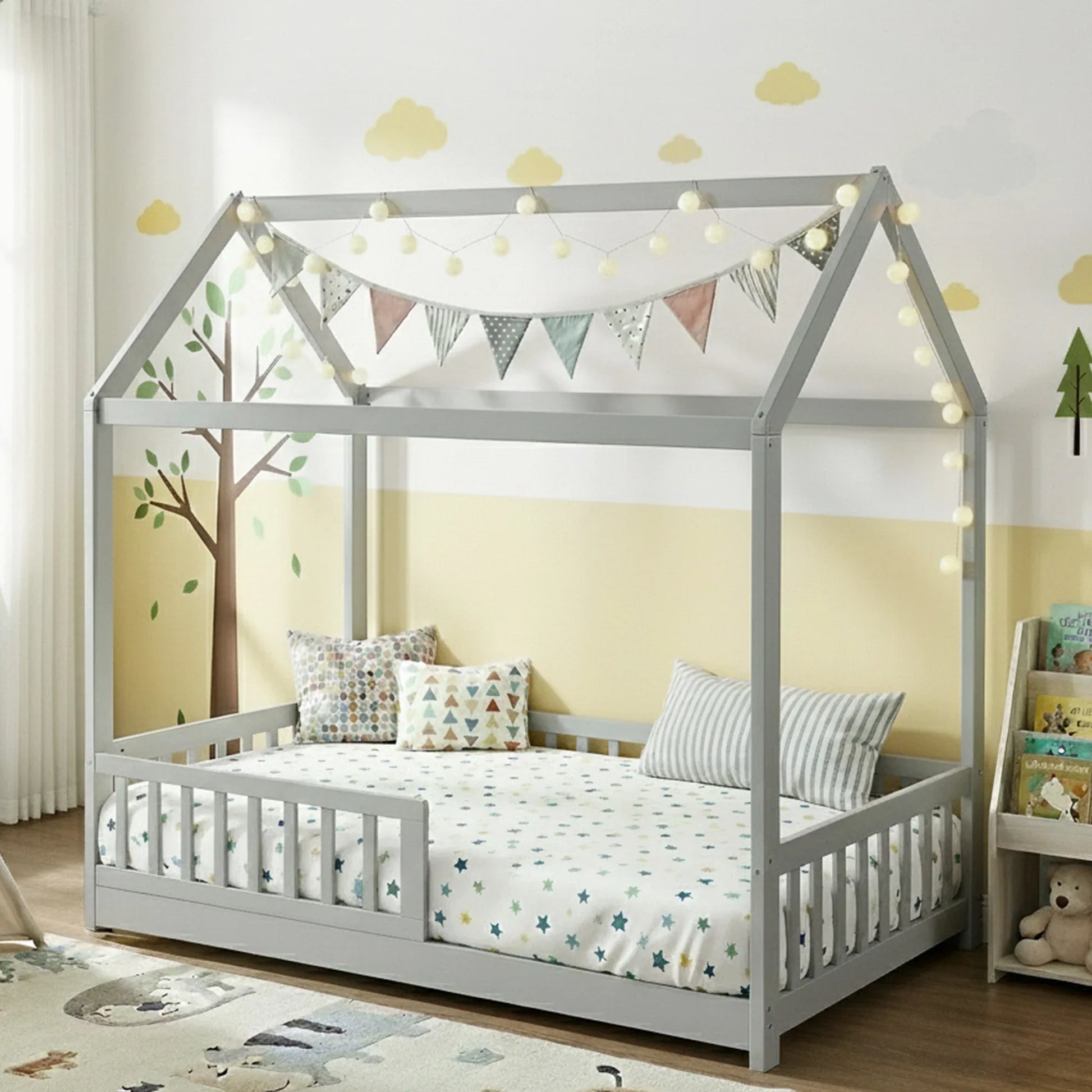 Artiss Bed Frame Wooden Kids House Frame Grey ROCK - Mekamart Australia