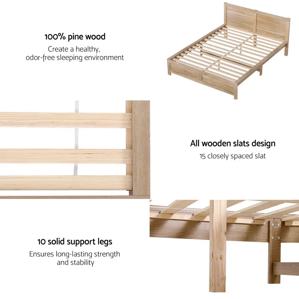Artiss Bed Frame Queen Size Wooden Acacia Wood OATMEAL - Mekamart Australia