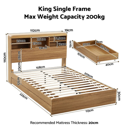 Artiss King Single Bed Frame with Storage, 4 Drawers, USB and Night Light Natural