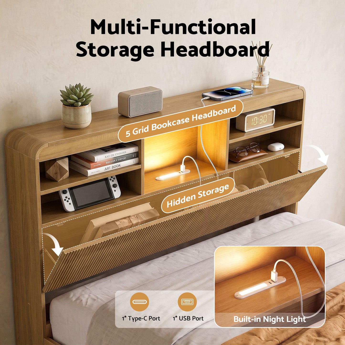 Artiss King Single Bed Frame with Storage, 4 Drawers, USB and Night Light Natural