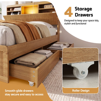 Artiss King Single Bed Frame with Storage, 4 Drawers, USB and Night Light Natural