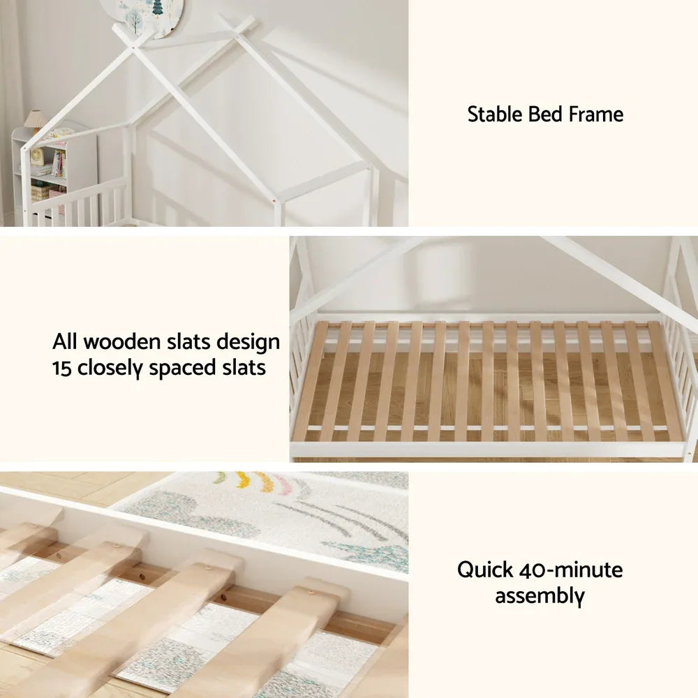 Artiss Bed Frame Wooden Base Kids Single Timber House Beds White - Mekamart Australia