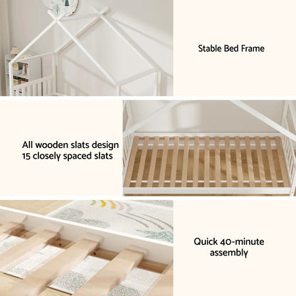 Artiss Bed Frame Wooden Base Kids Single Timber House Beds White - Mekamart Australia