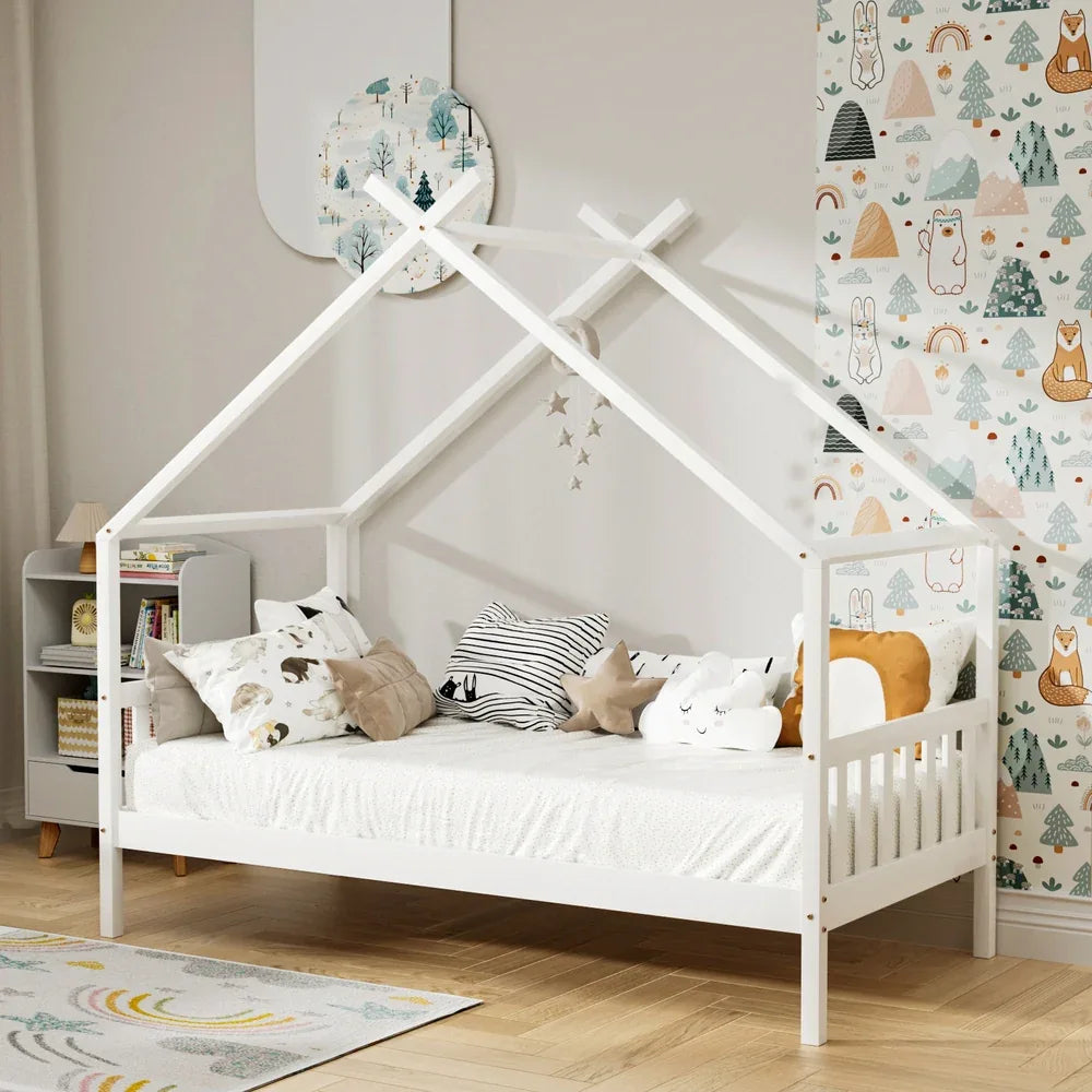 Artiss Bed Frame Wooden Base Kids Single Timber House Beds White - Mekamart Australia