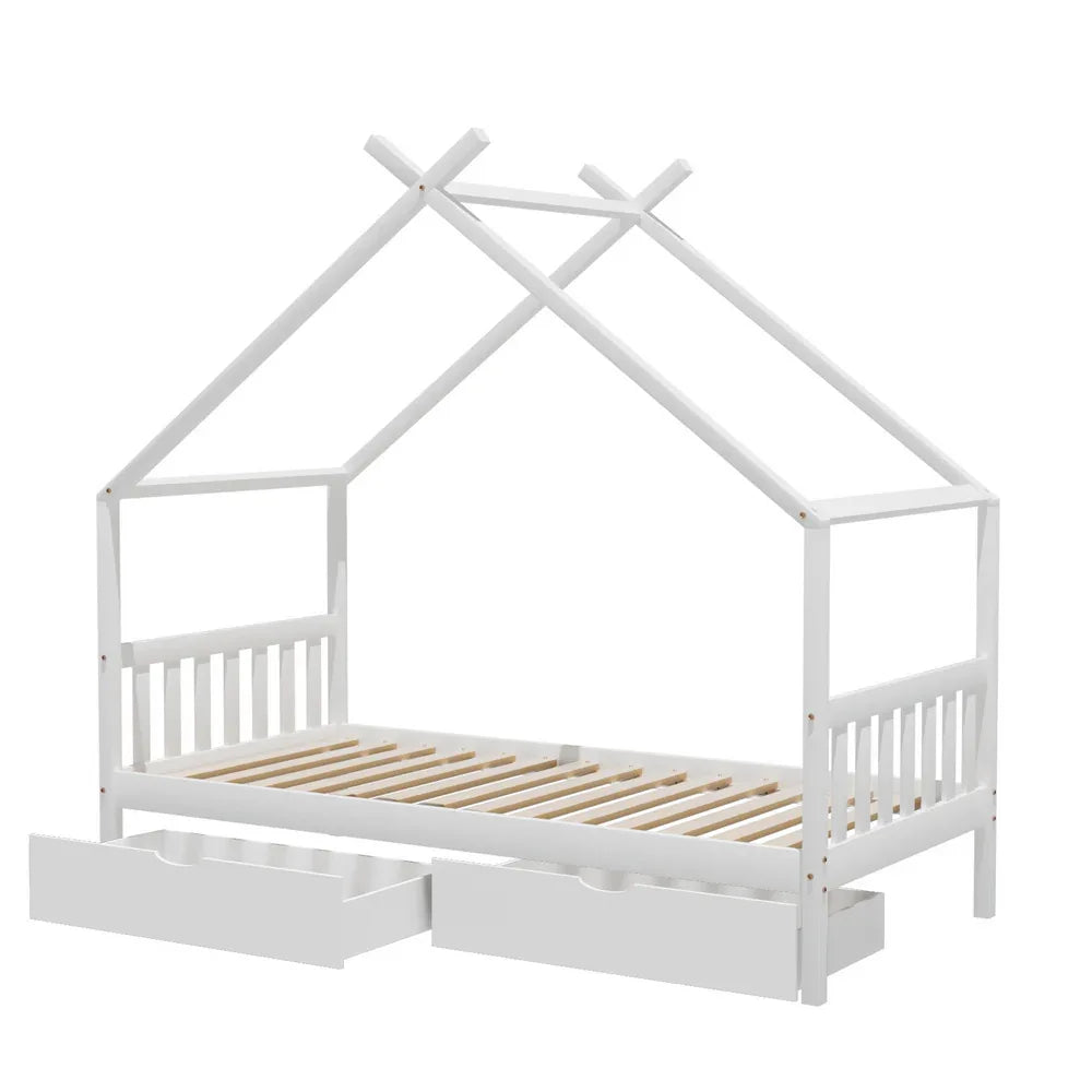 Artiss Bed Frame Wooden Base Kids Single Timber House with 2 Storage Drawers Beds White - Mekamart Australia