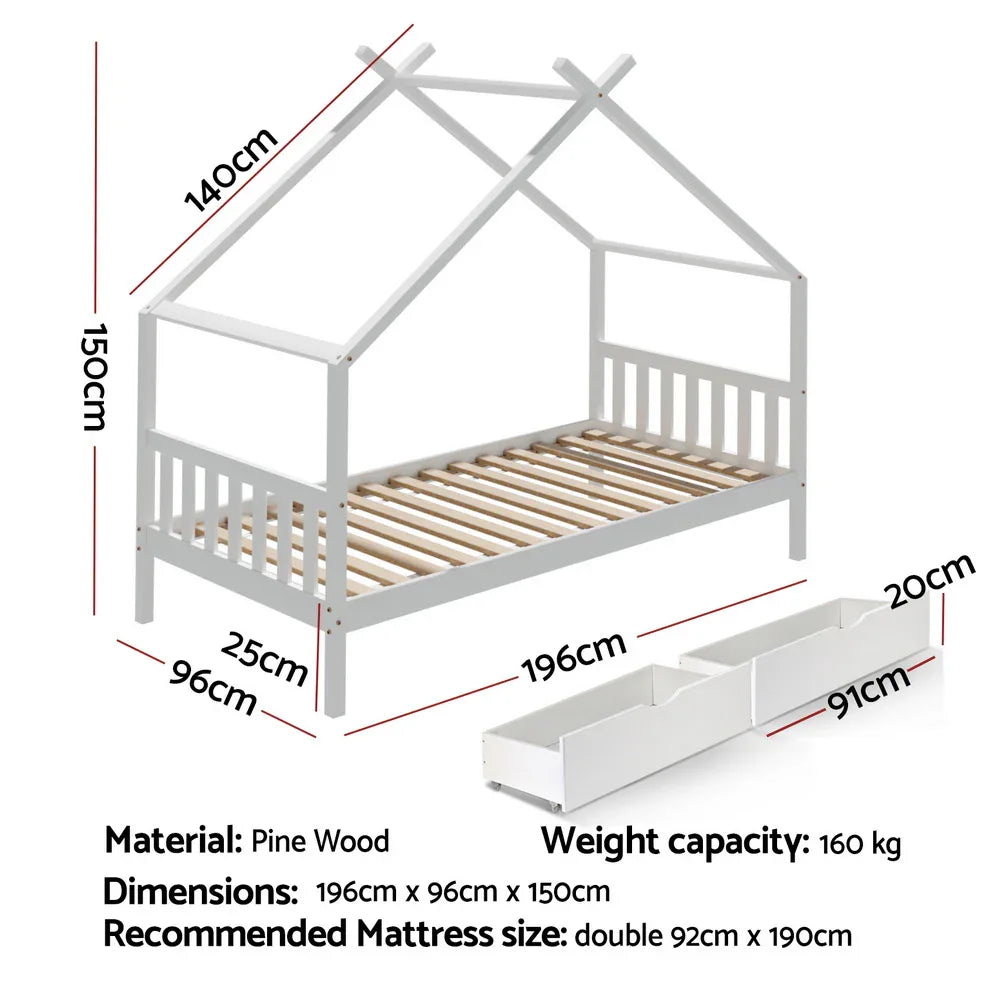 Artiss Bed Frame Wooden Base Kids Single Timber House with 2 Storage Drawers Beds White - Mekamart Australia