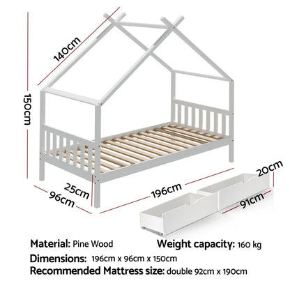 Artiss Bed Frame Wooden Base Kids Single Timber House with 2 Storage Drawers Beds White - Mekamart Australia