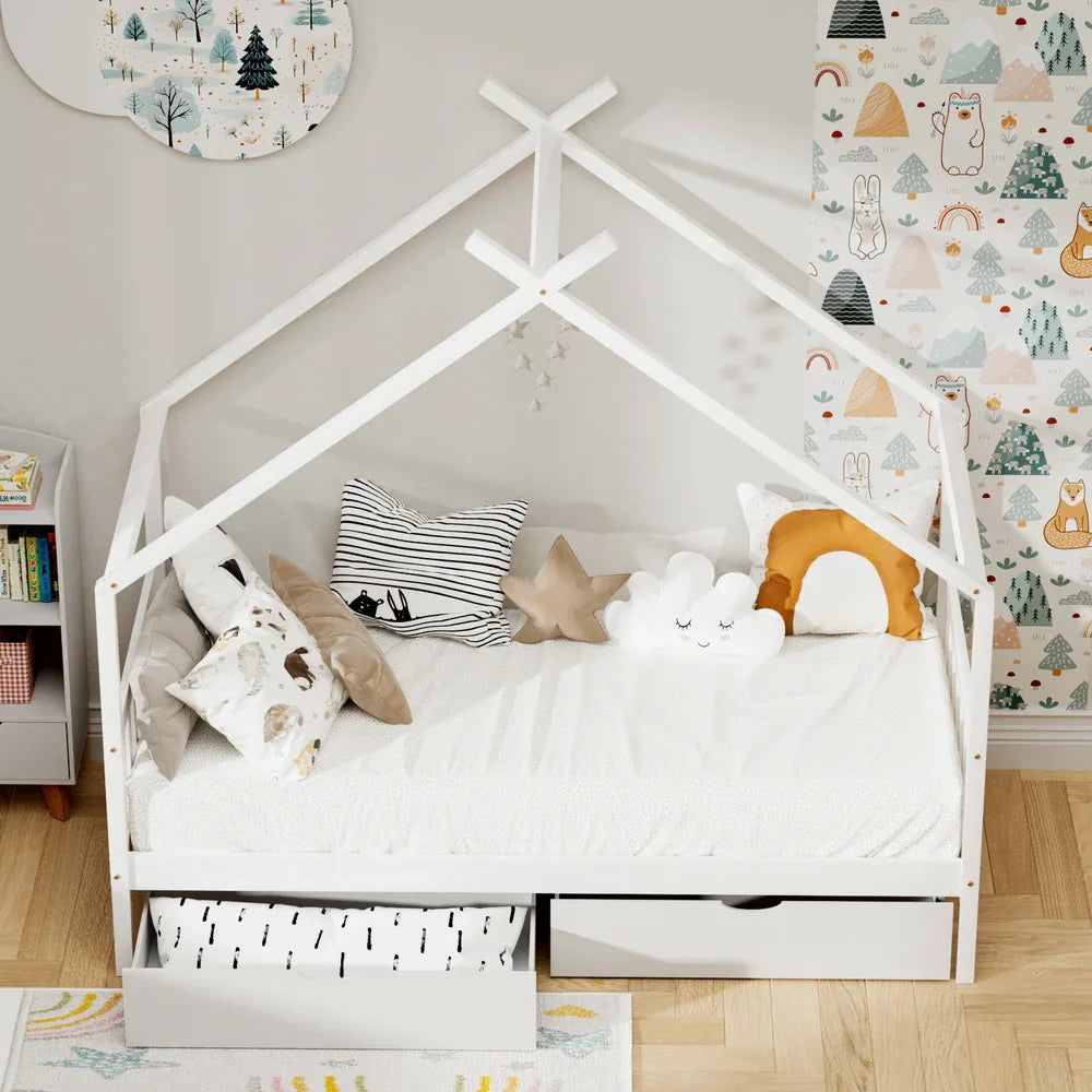 Artiss Bed Frame Wooden Base Kids Single Timber House with 2 Storage Drawers Beds White - Mekamart Australia