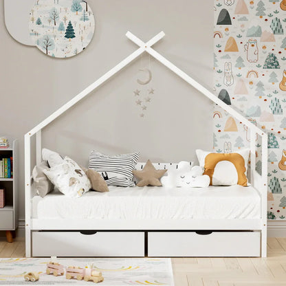 Artiss Bed Frame Wooden Base Kids Single Timber House with 2 Storage Drawers Beds White - Mekamart Australia