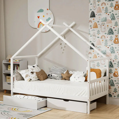 Artiss Bed Frame Wooden Base Kids Single Timber House with 2 Storage Drawers Beds White - Mekamart Australia