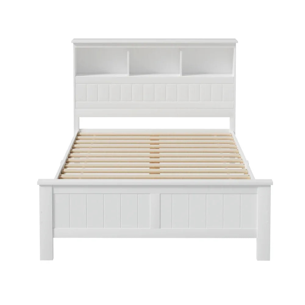 Artiss Bed Frame Double Size Wooden with 3 Shelves Bed Head White - Mekamart Australia