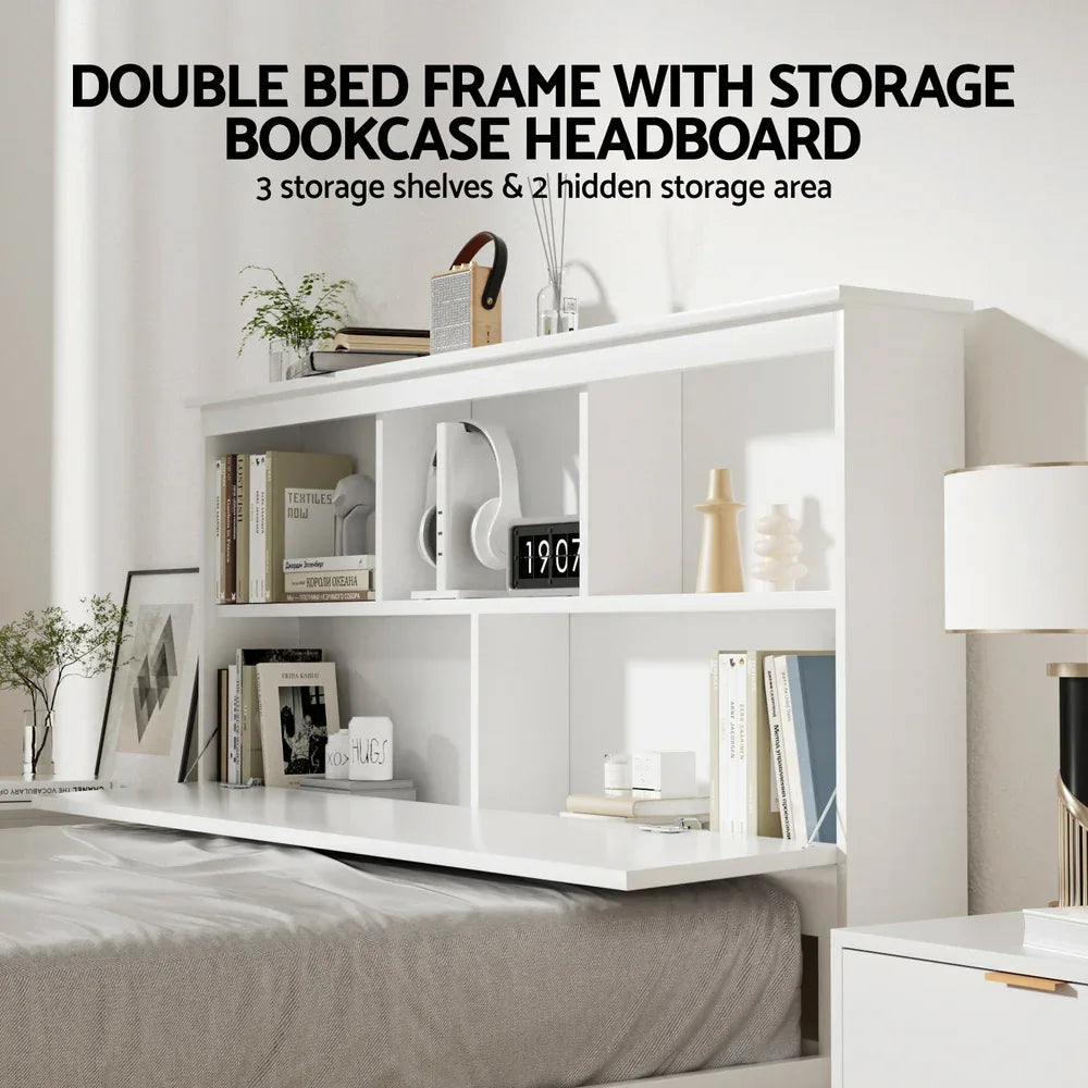 Artiss Bed Frame Double Size Wooden with 3 Shelves Bed Head White - Mekamart Australia