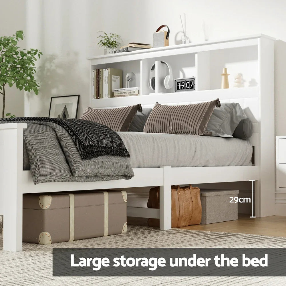 Artiss Bed Frame Double Size Wooden with 3 Shelves Bed Head White - Mekamart Australia